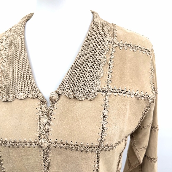 KROSHETTA BY PAPILLON Vintage Suede Crochet Patchwork Jacket Tan - Picture 5 of 10